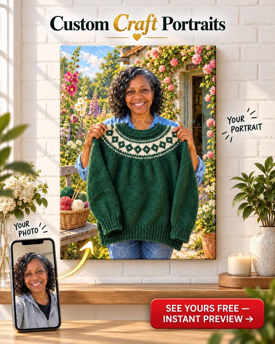 She Finished It Knitter Custom Portrait from Photo | Personalized Yarn Craft Gift