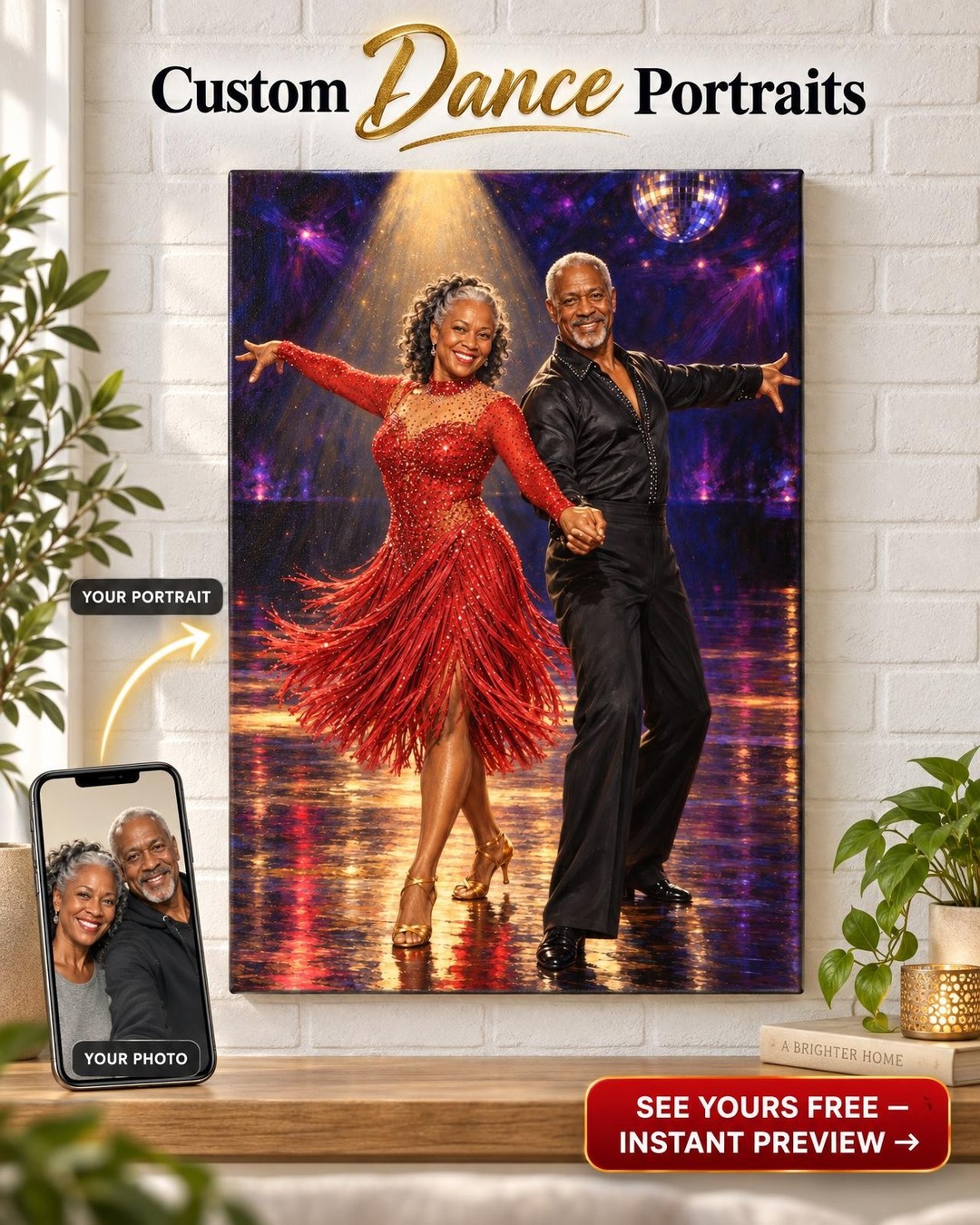 Cha-cha Spotlight Couple Custom Portrait from Photo | Personalized Ballroom Dance Gift