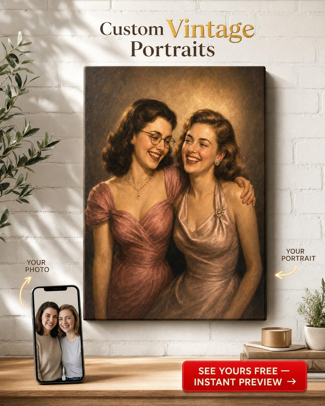 Custom 1940s Hollywood Best Friends Portrait from Photo | Personalized Canvas Gift