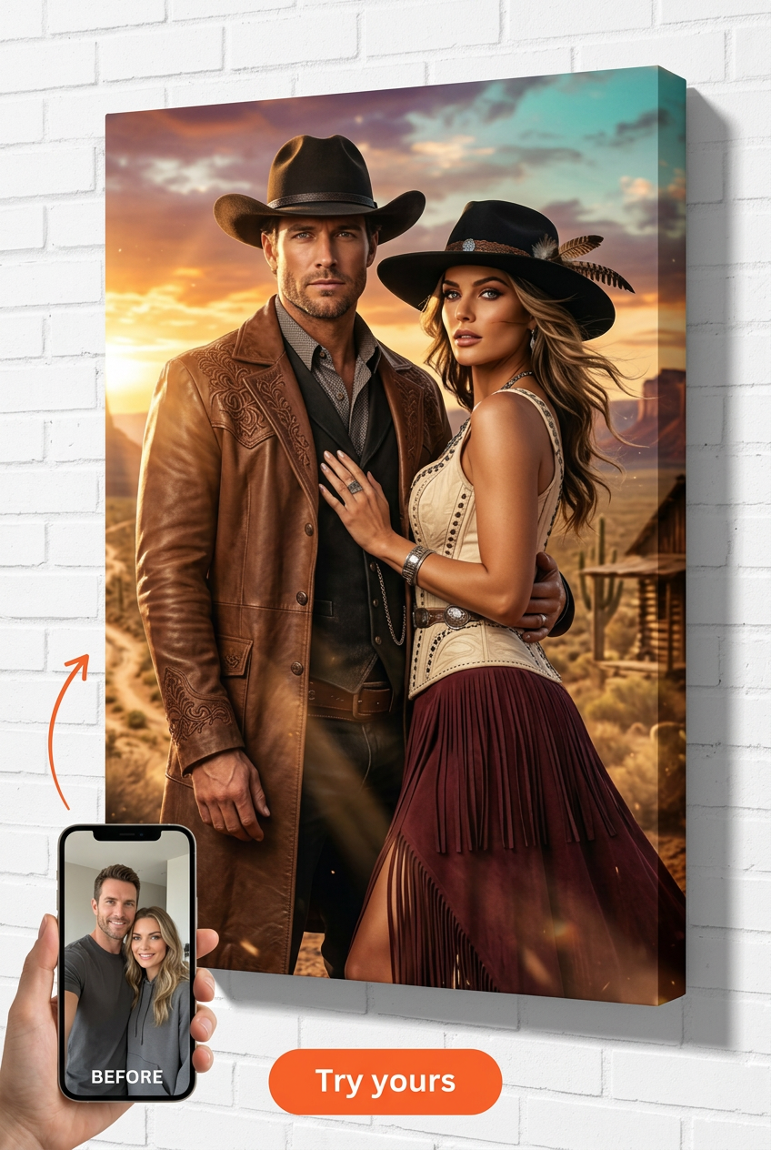 Custom Cowboy Couple Portrait Canvas — Romantic Western Art from Photo