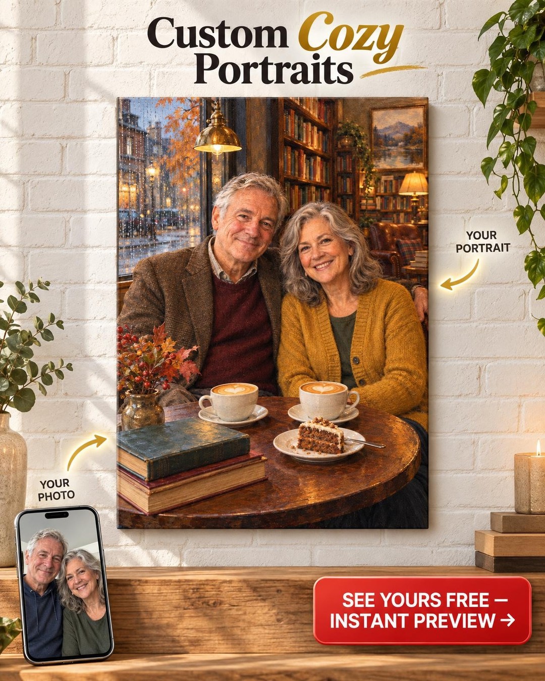 Bookshop Café in the Rain Custom Portrait from Photo | Personalized Coffee House Gift