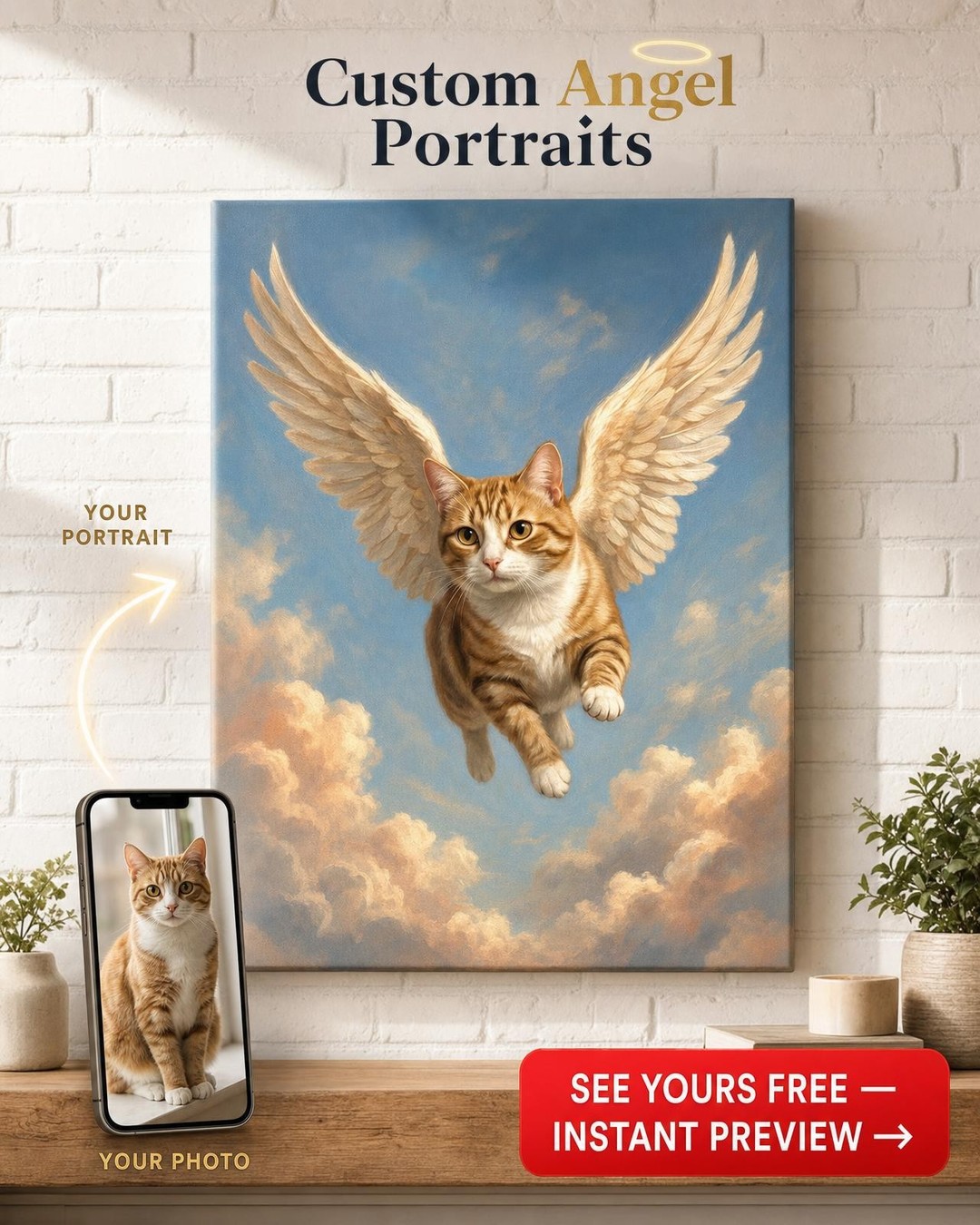 Custom Fantasy Pet Cat Portrait — Serene Angel Wings Canvas