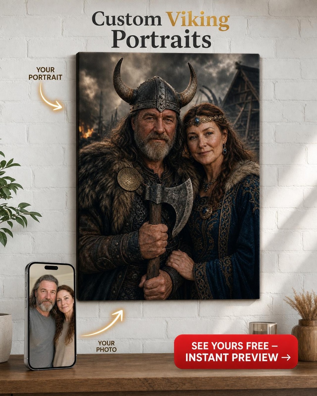 Legendary Viking King and Queen Custom Portrait from Photo | Personalized For Couples Gift