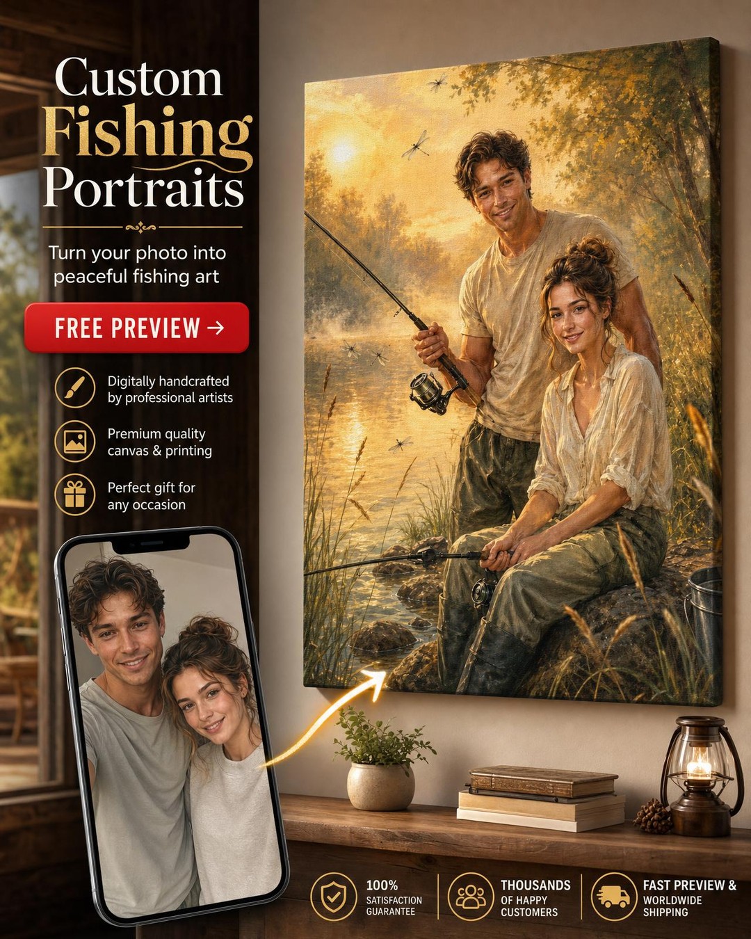 Fishing Couple Custom Portrait from Photo | Personalized Undefined Gift
