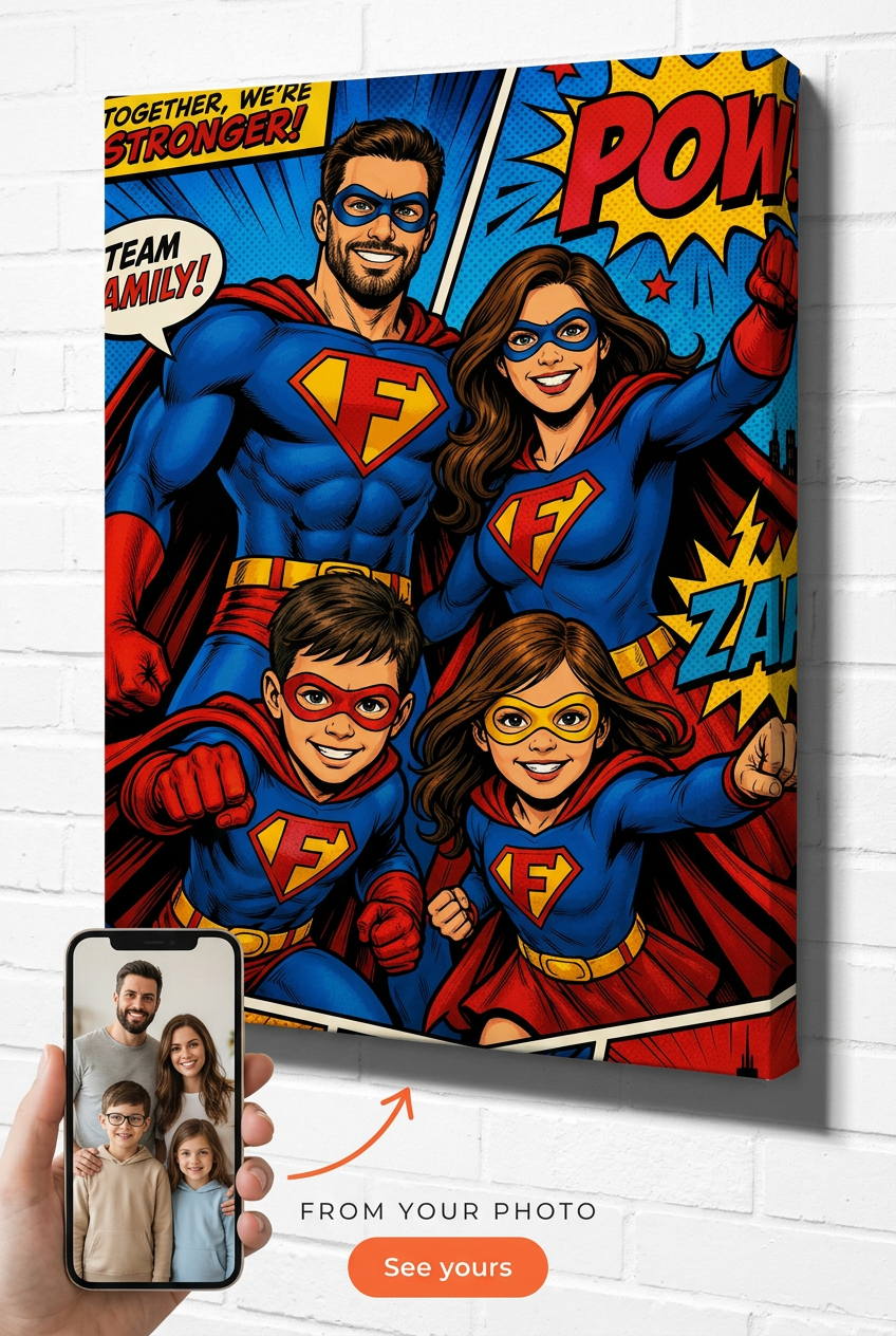 Custom Comic Book Family Portrait — Superhero Style Canvas from Photo