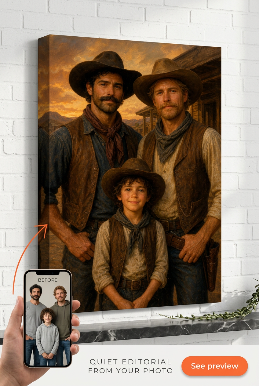 Custom Cowboy Family Portrait — Heroic Western Canvas from Photo