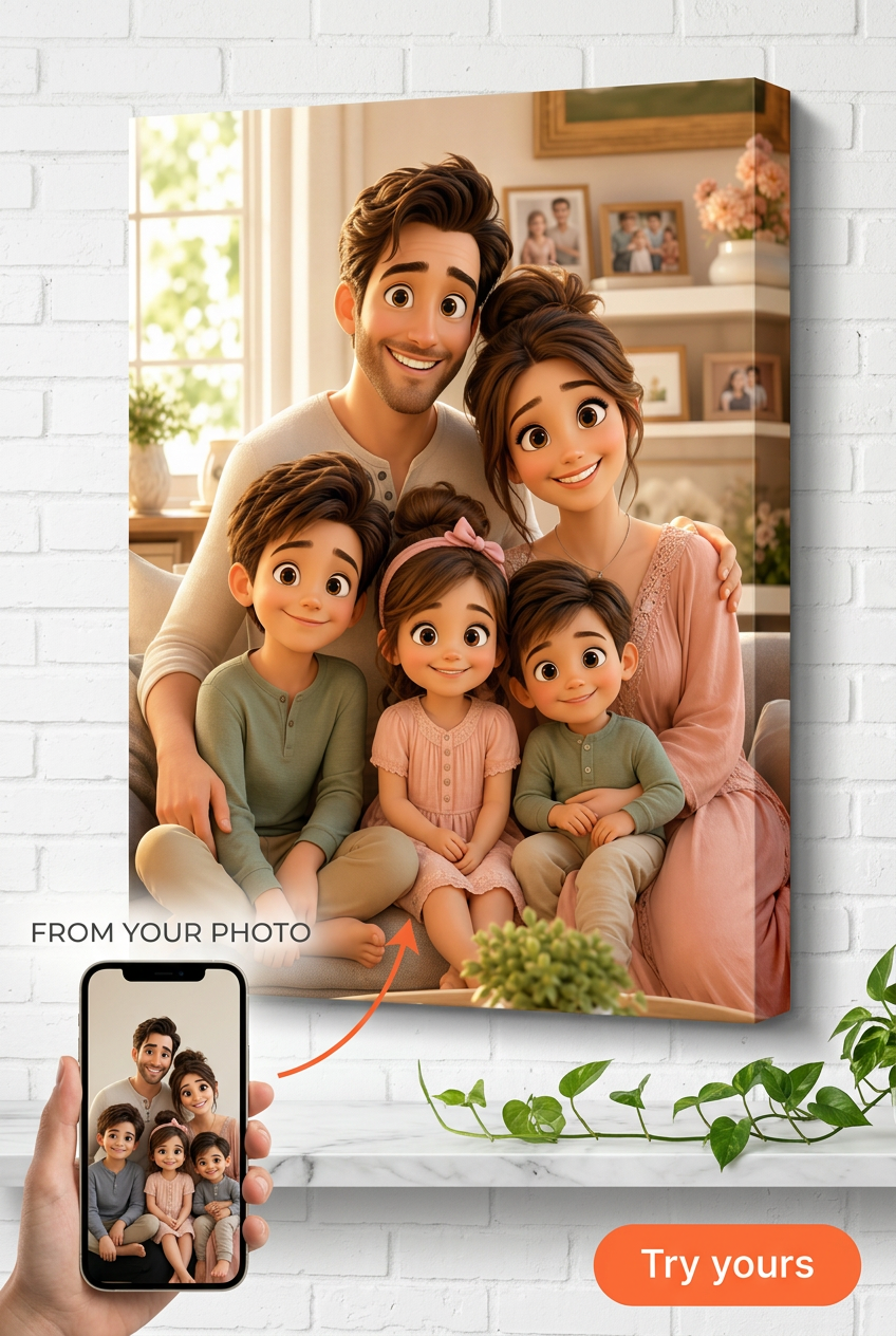 Custom Pixar-Style Family Portrait — Whimsical Cartoon Canvas from Photo
