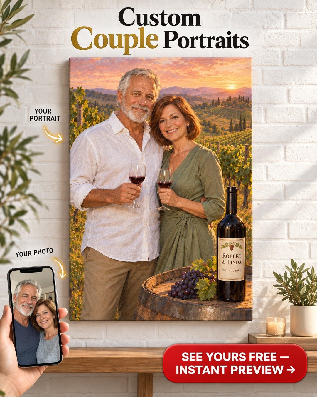 Golden Hour Vineyard Romance Custom Portrait from Photo | Personalized Canvas Gift