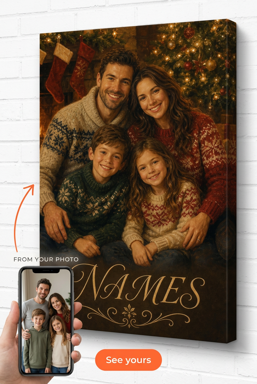 Custom Christmas Family Portrait — Festive Fireplace Canvas from Photo