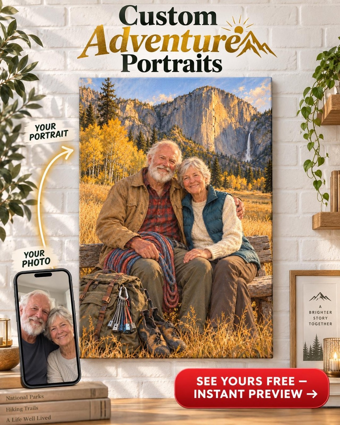 Thirty Years Later Climbing Couple Custom Portrait from Photo | Personalized Rock Climbing Gift