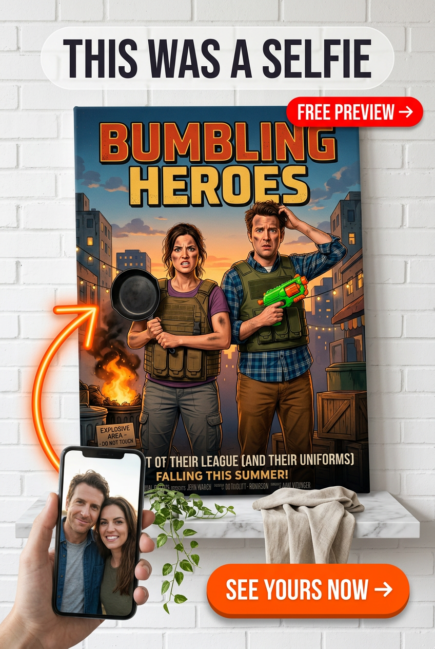 Custom Superhero Couple Portrait — Whimsical Action Canvas from Photo