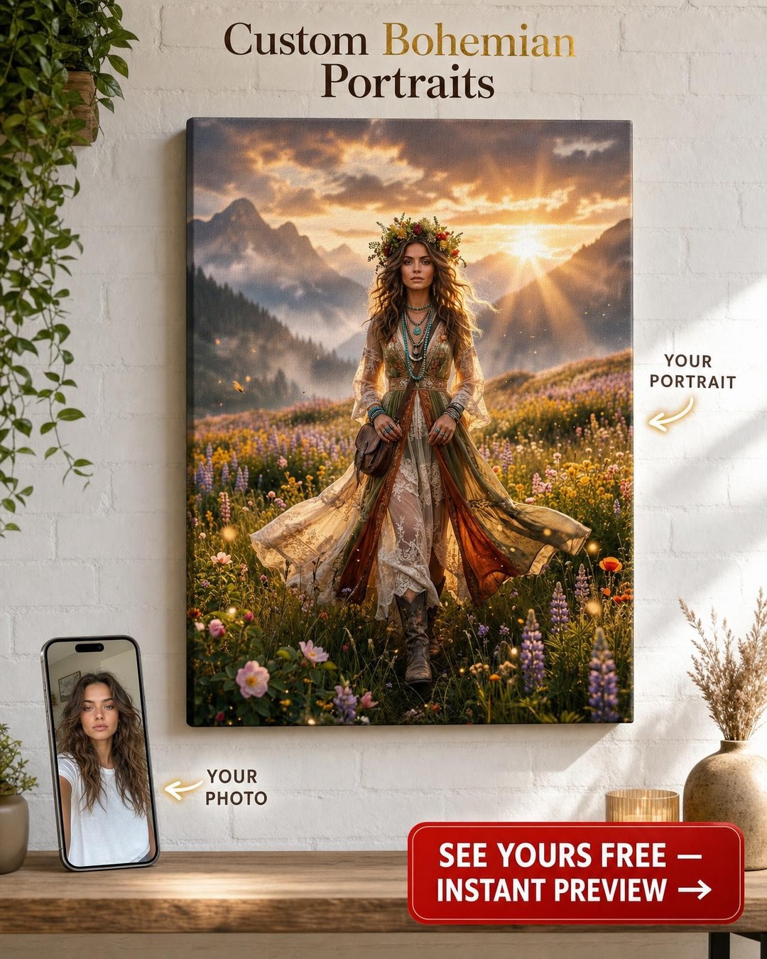 Custom Fantasy Woman Portrait — Regal Crown & Flowers Canvas