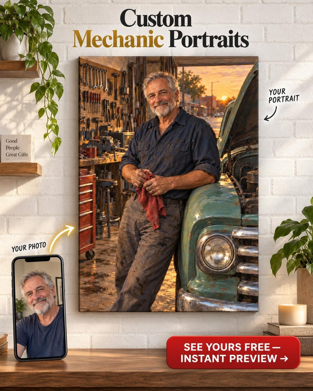 Retired Mechanic Garage Custom Portrait from Photo