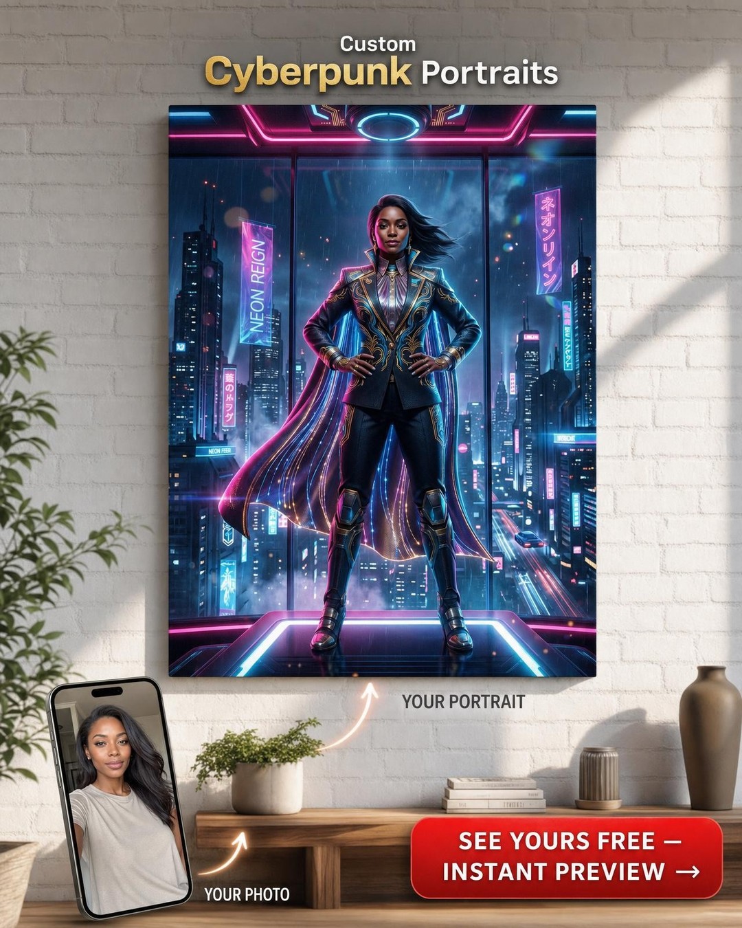 Custom Cyberpunk Single-Man Portrait — Heroic Neon Canvas
