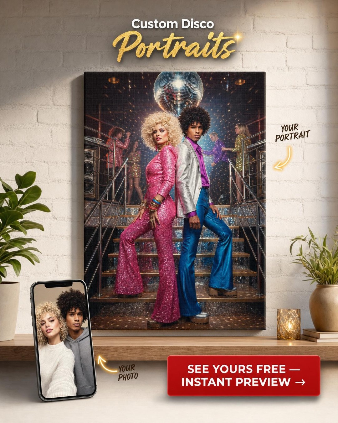 Custom Pop Art Couple Portrait — Festive Disco Dance Floor Canvas