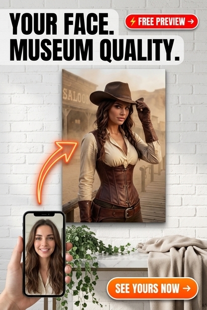 Custom Cowgirl Portrait Canvas — Heroic Western Woman from Photo
