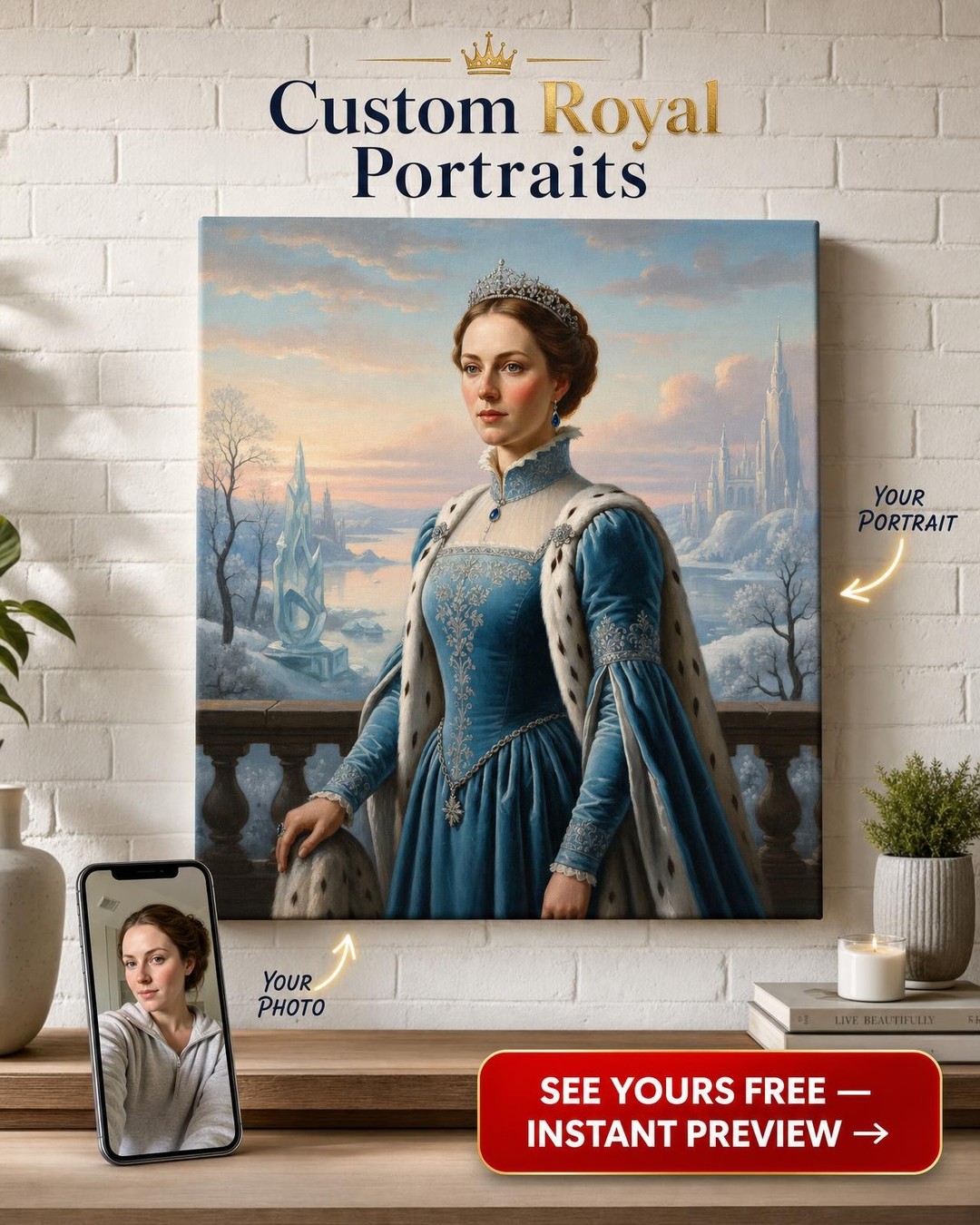 Custom Royal Woman Portrait — Regal Crown & Ice Canvas