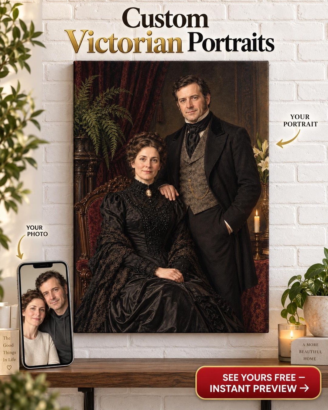 Victorian Gothic Couple Custom Portrait from Photo | Personalized Gothic Portrait Gift