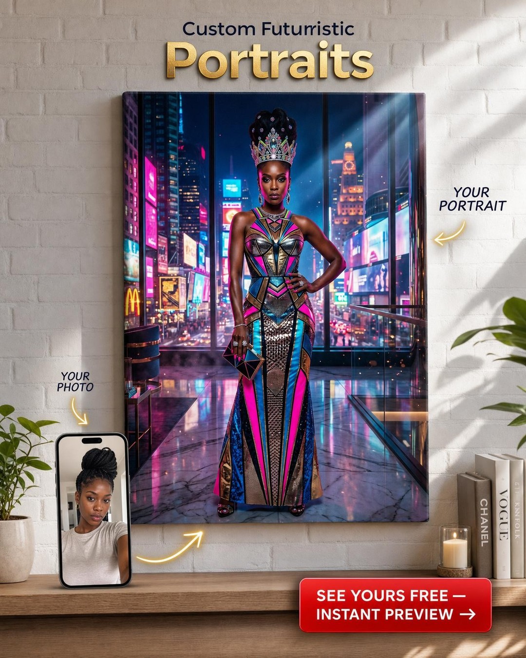 Custom Pop Art Woman Portrait — Festive Crown & City Skyline Canvas