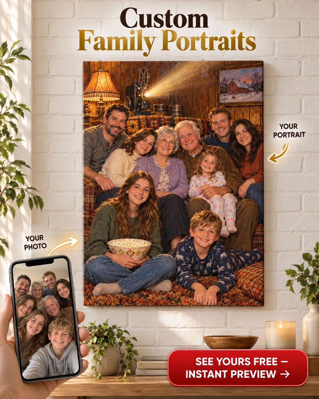 Watching the Old Home Movies Family Custom Portrait from Photos | Personalized Gift for Parents