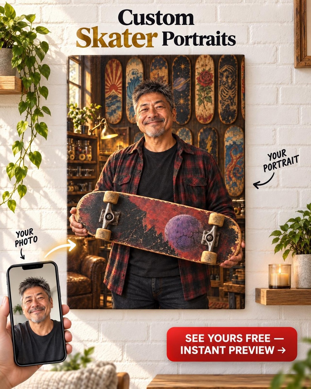 Skateboard Collector Custom Portrait from Photo | Personalized Skateboarding Portrait Gift