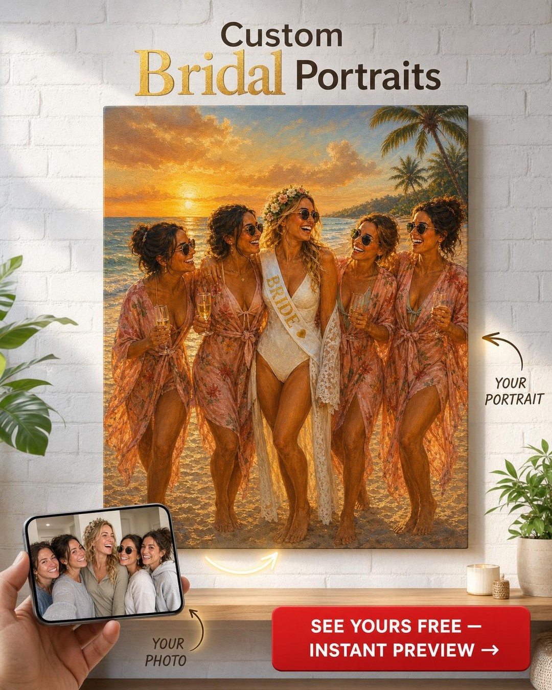 Bachelorette Beach Party Canvas — AI-regenerated portrait, fresh per order