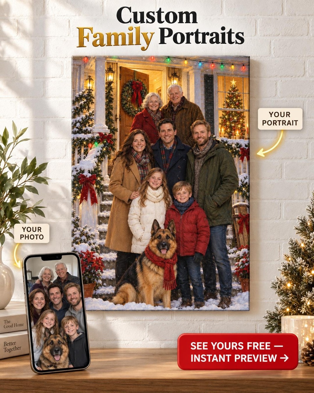 Home for Christmas Custom Portrait from Photo | Personalized Christmas Portrait Gift