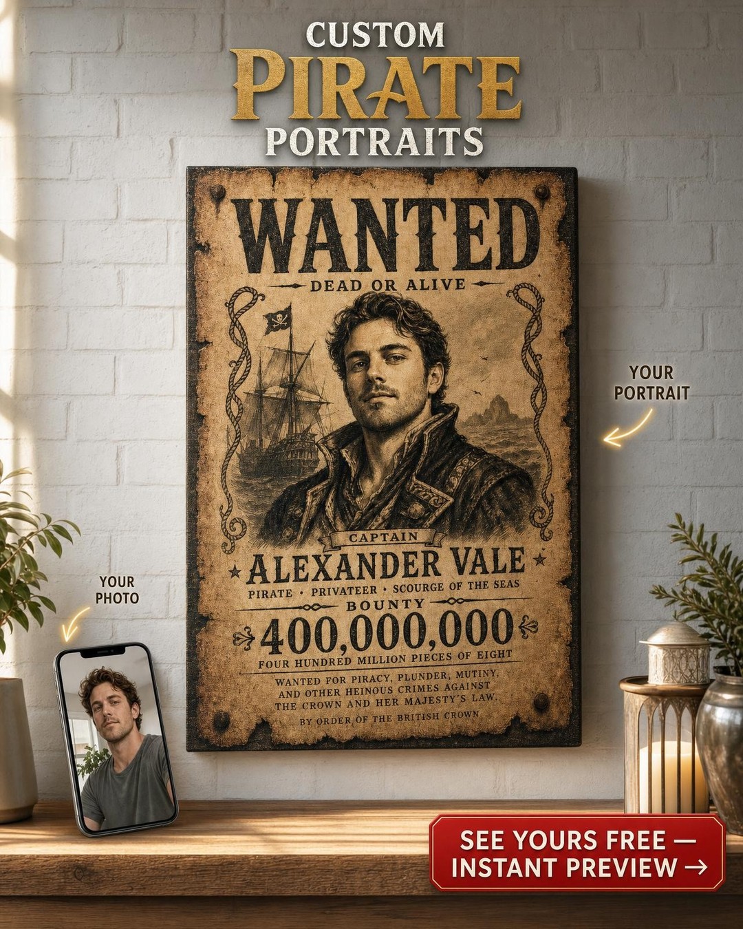 Sea Pirate Bounty Custom Portrait from Photo | Personalized Gift