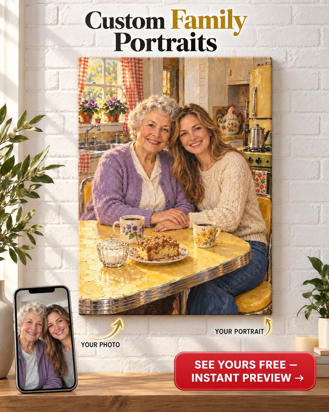 Coffee at Mom’s Table Custom Portrait from Photo | Personalized Gift for Mom