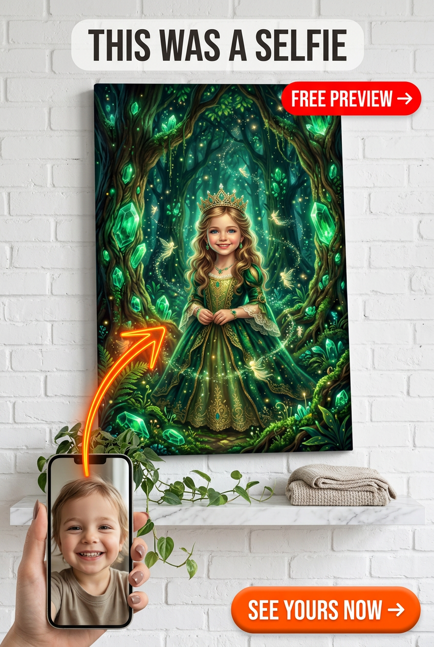 Custom Fantasy Girl Portrait — Whimsical Crown & Gems Canvas