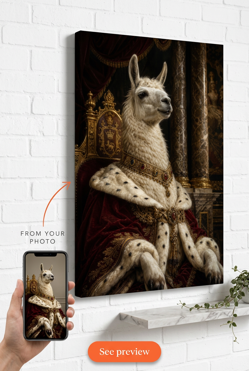 Custom Royal Dog Portrait — Regal Throne Canvas from Photo