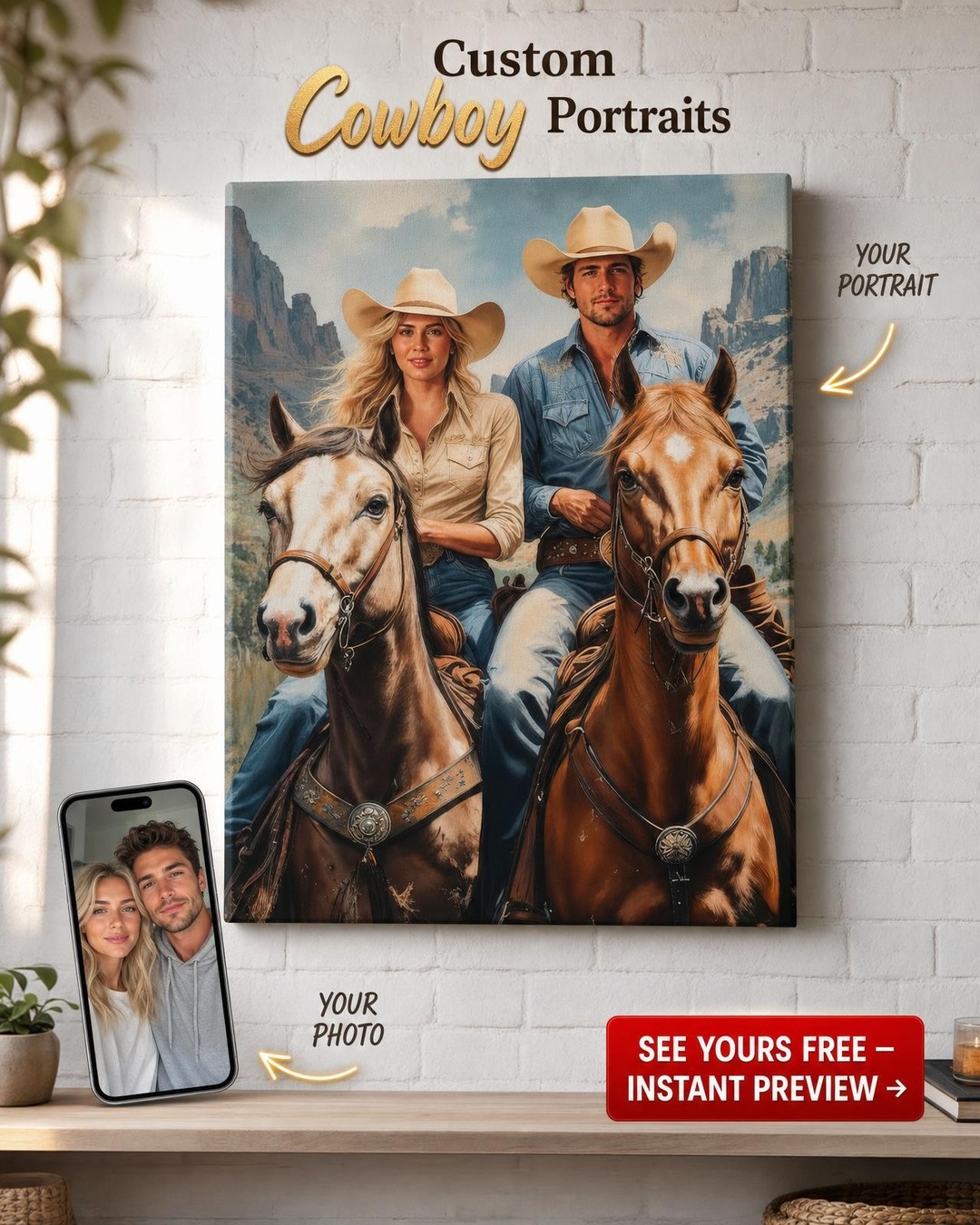 Custom Cowboy Couple Portrait — Western Canvas