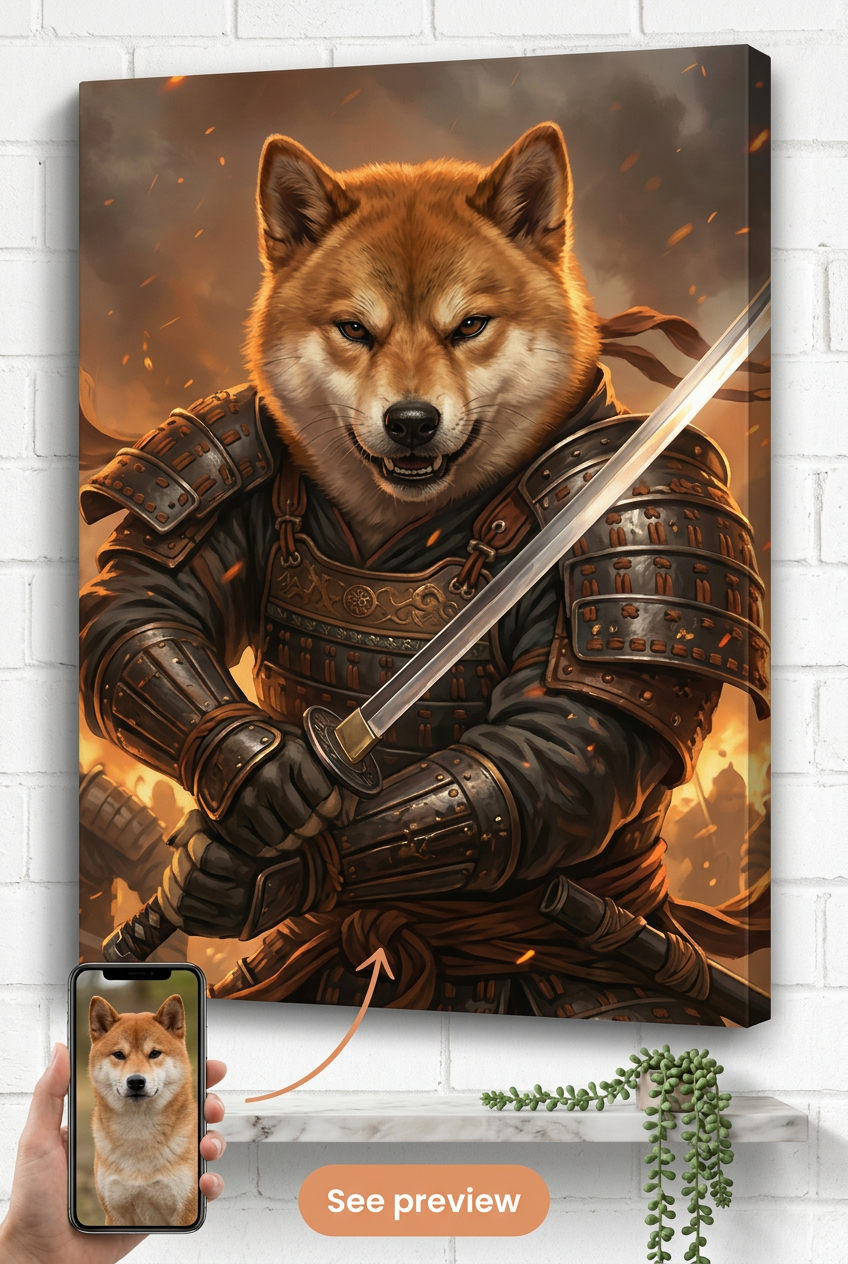 Custom Samurai Dog Portrait — Heroic Pet Canvas from Photo