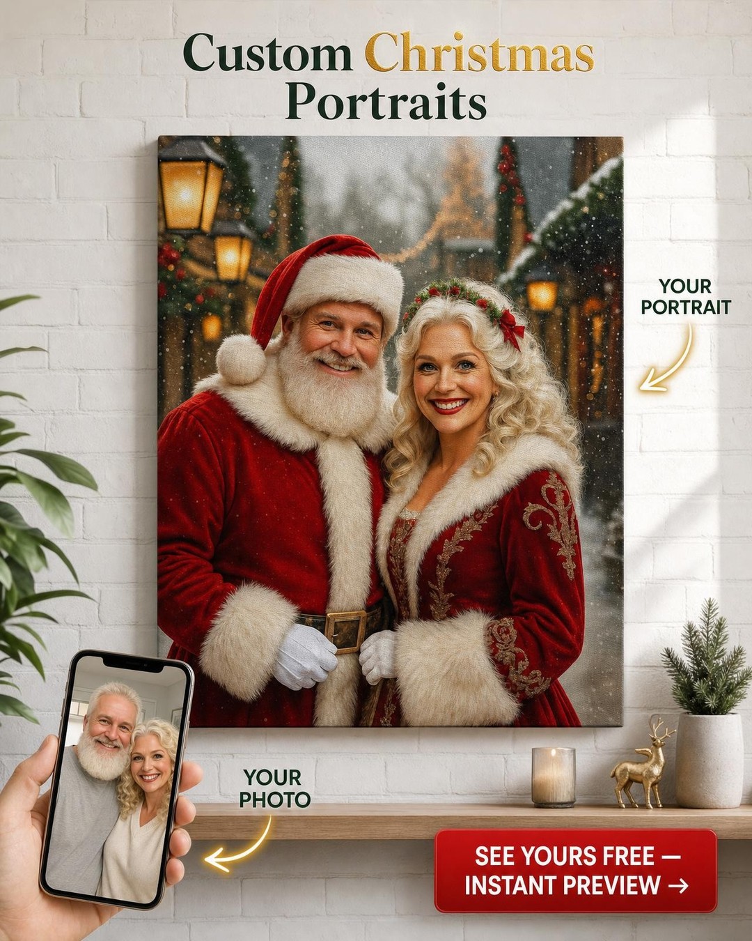 Custom Christmas Couple Portrait — Whimsical Santa Canvas