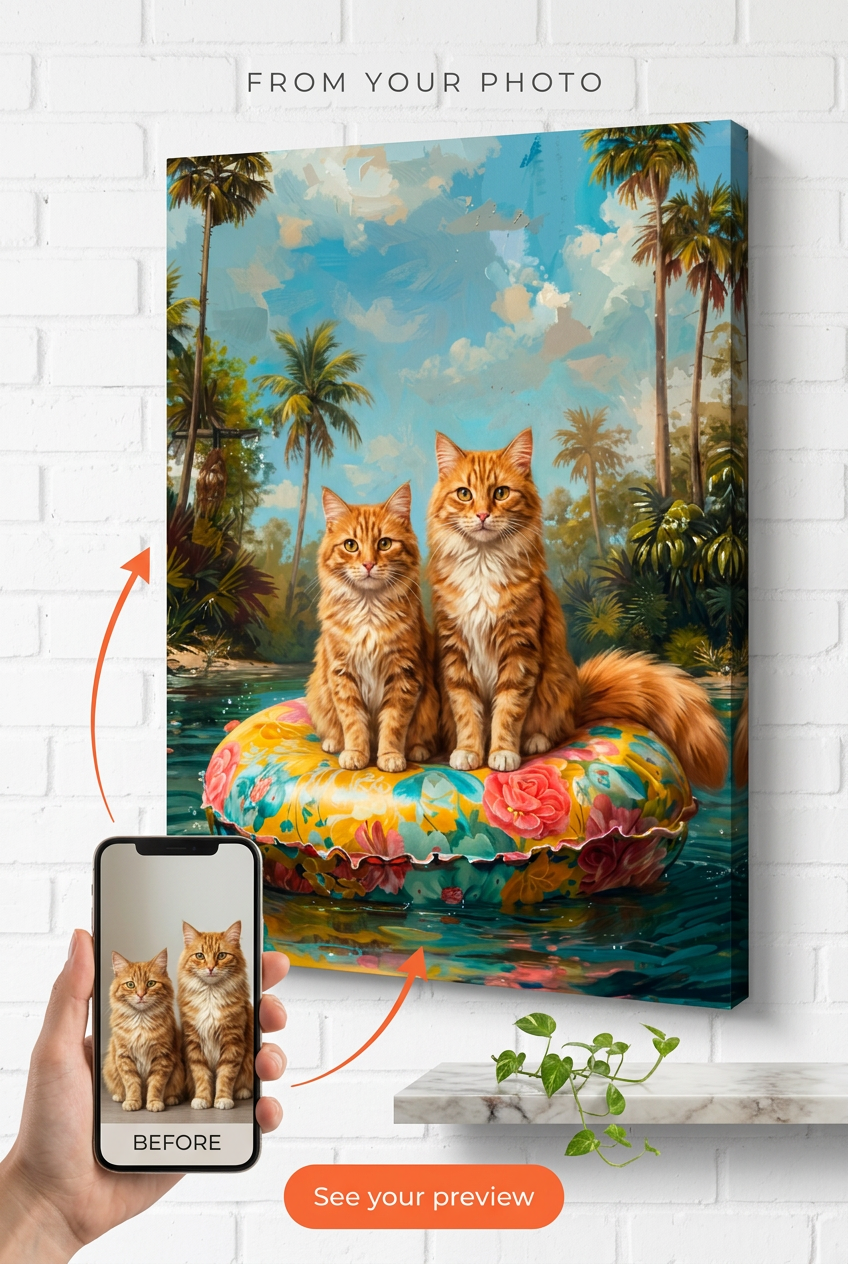 Custom Jungle Cat Portrait — Whimsical Multi-Pet Canvas from Photo