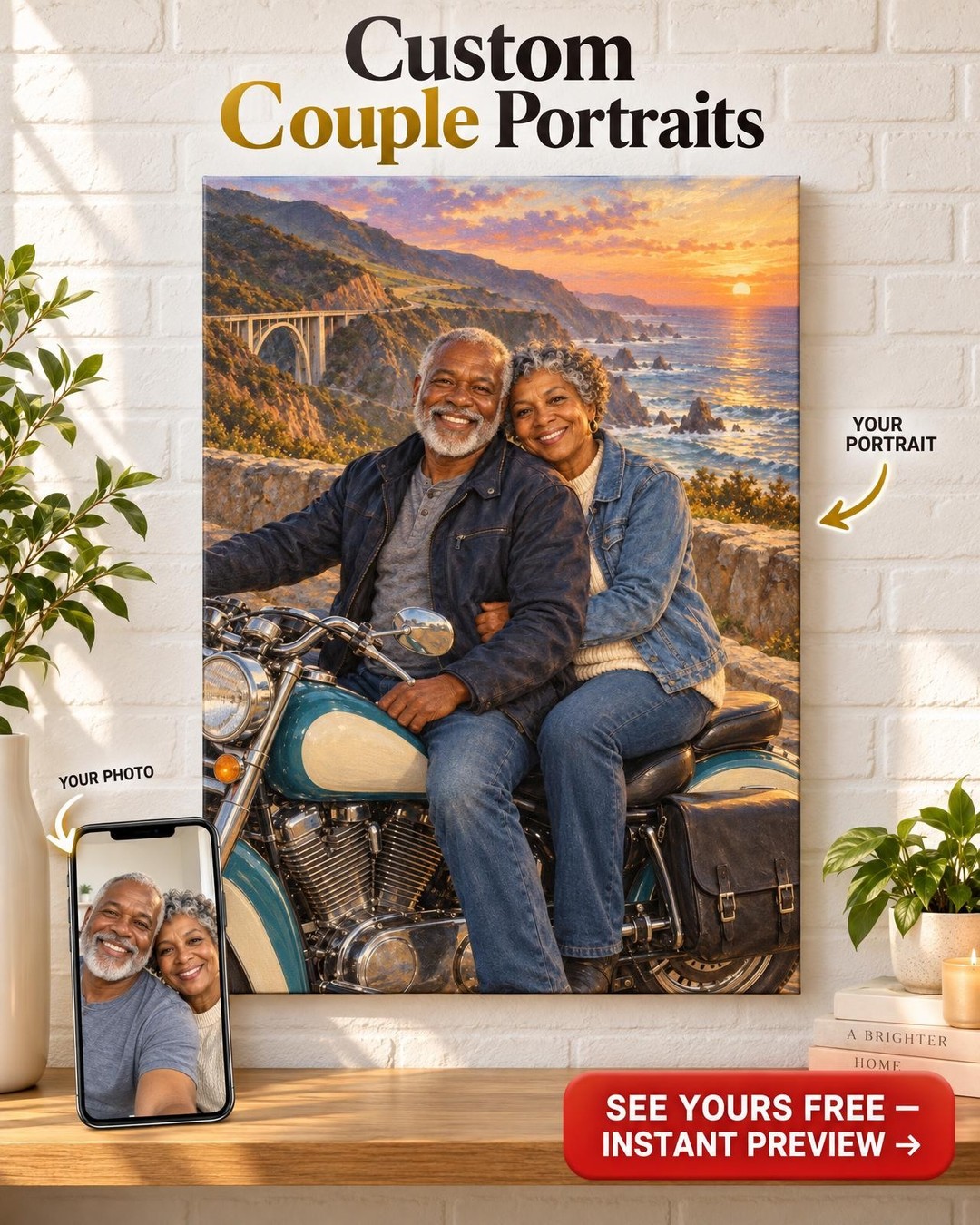 Coast Highway Motorcycle Couple Custom Portrait from Photo | Personalized Motorcycle Portrait Gift