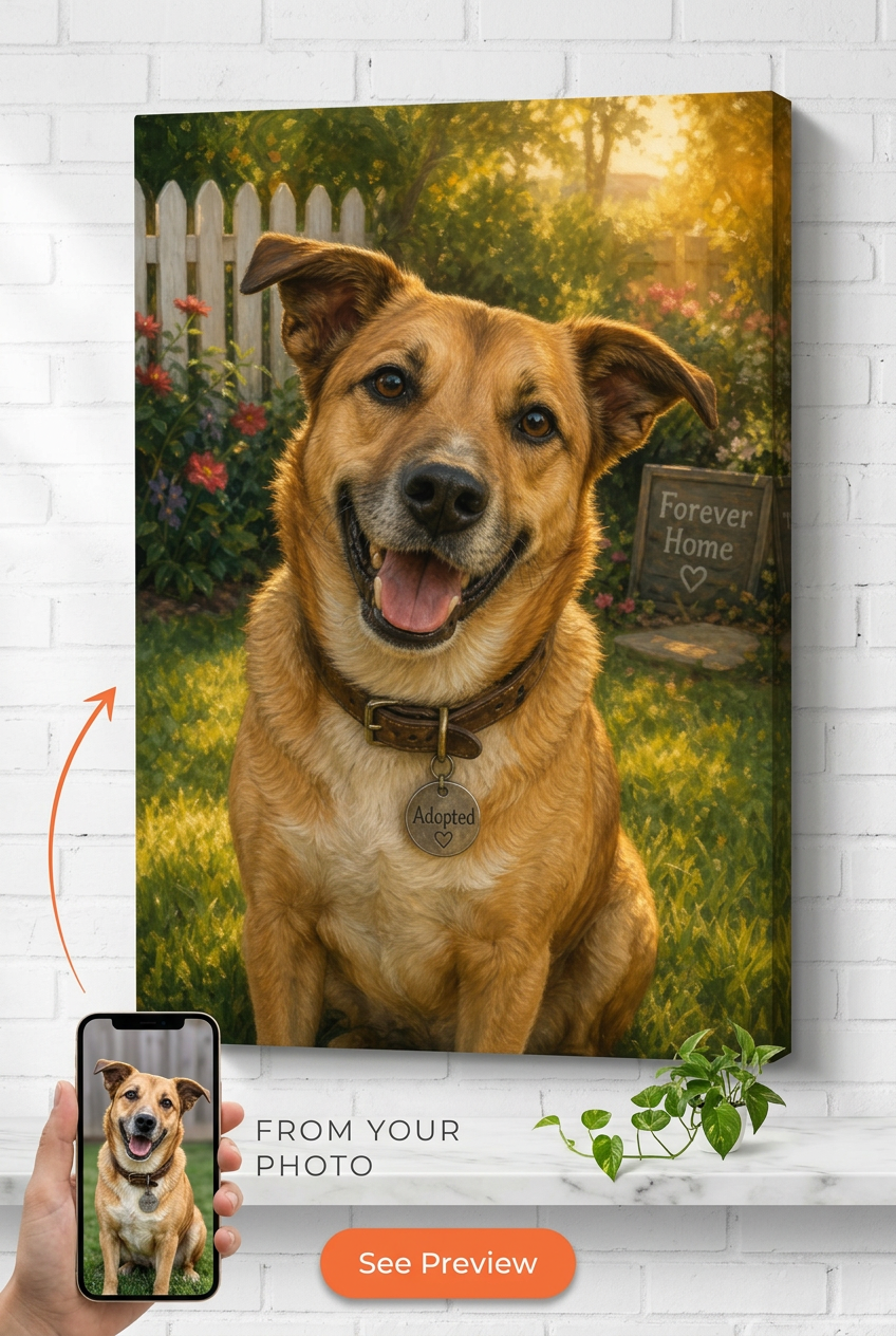 Rescue Dog Forever Home Gift — Joyful Pet Portrait Canvas from Photo