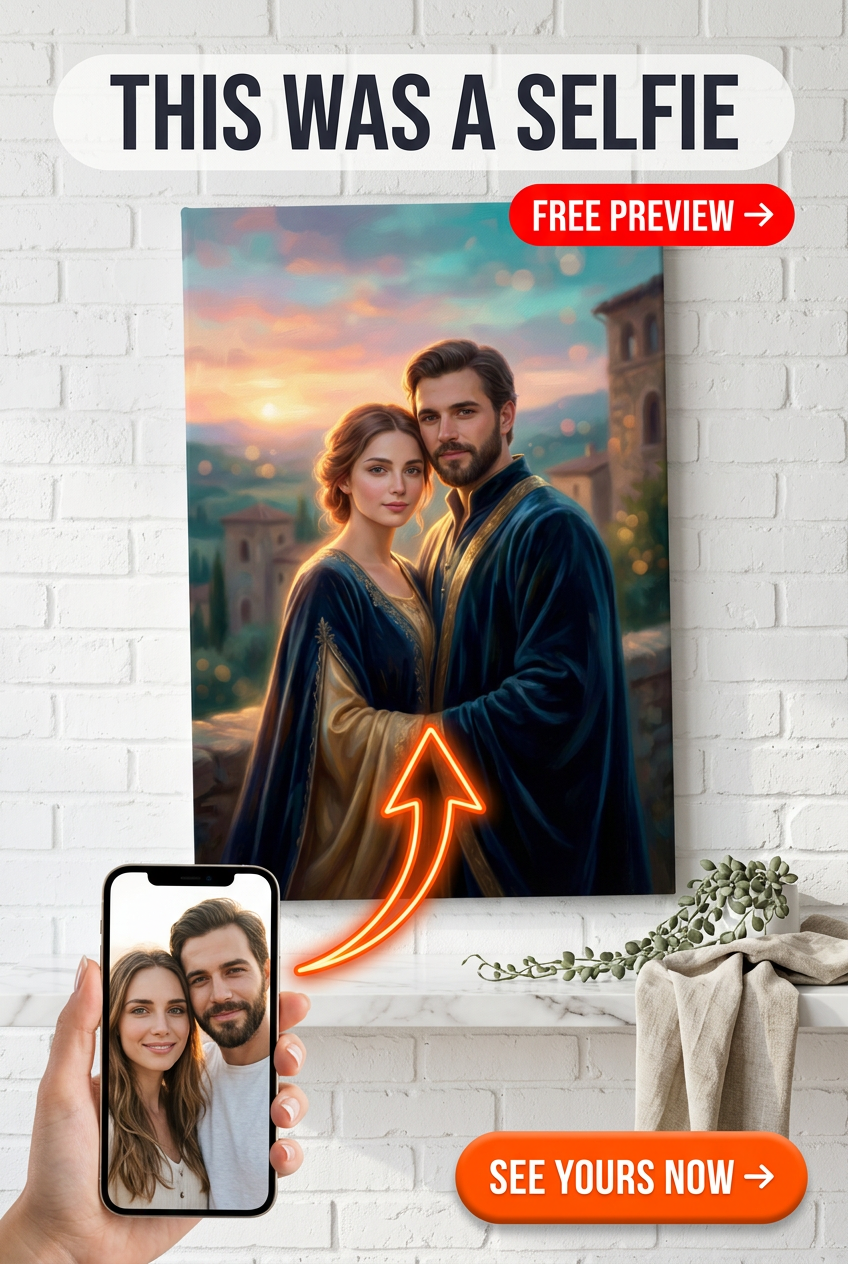 Custom Renaissance Couple Portrait Canvas — Romantic Castle Sunset from Photo