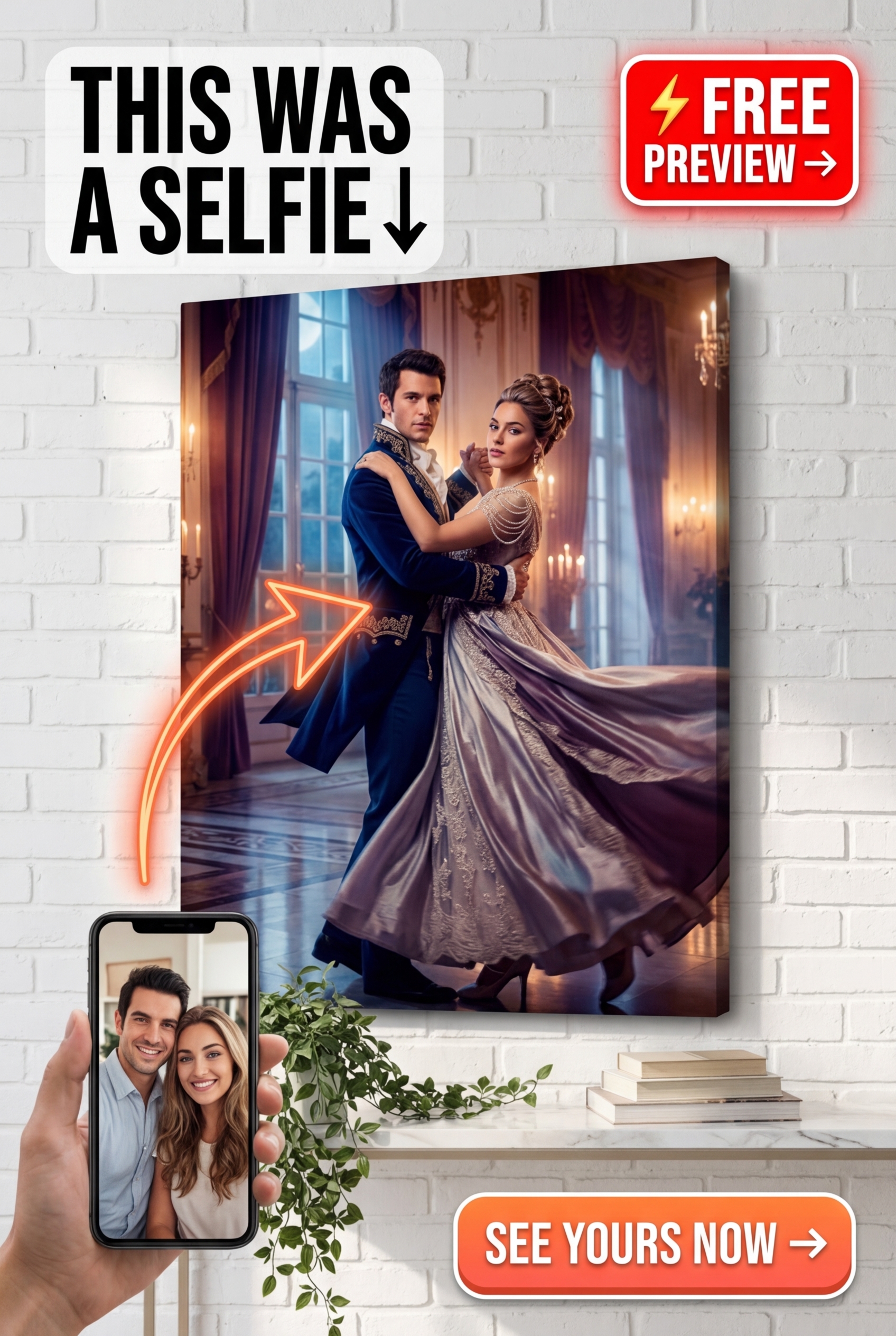 Custom Royal Couple Portrait — Ballroom Romance Canvas from Photo