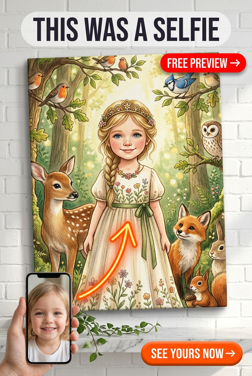 Custom Fantasy Girl Portrait — Whimsical Forest Canvas from Photo