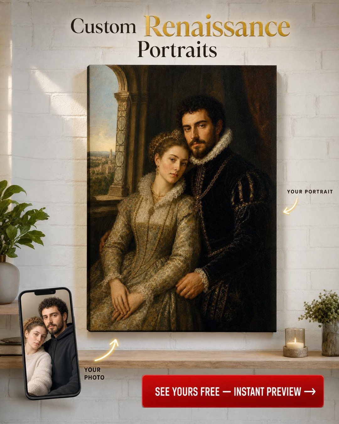 Renaissance Noble Couple Custom Portrait from Photo | Personalized Canvas Gift