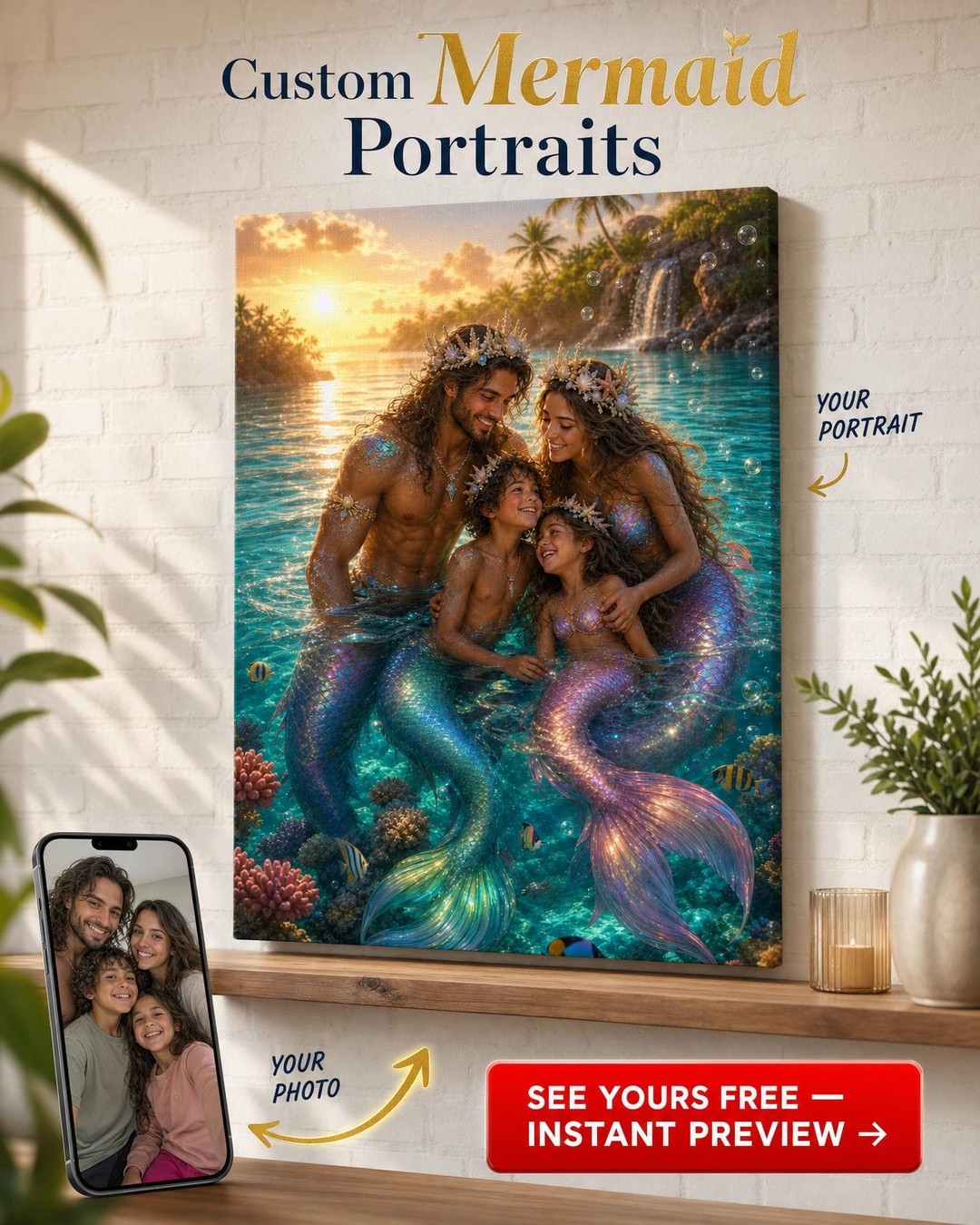 Lagoon Mermaid Family Portrait Custom Portrait from Photo | Personalized Canvas Gift