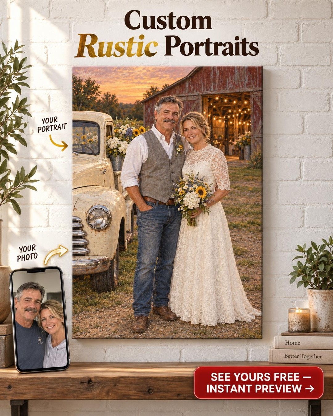 Country Barn Wedding Pickup Truck Custom Portrait from Photo | Personalized Pickup Truck Gift