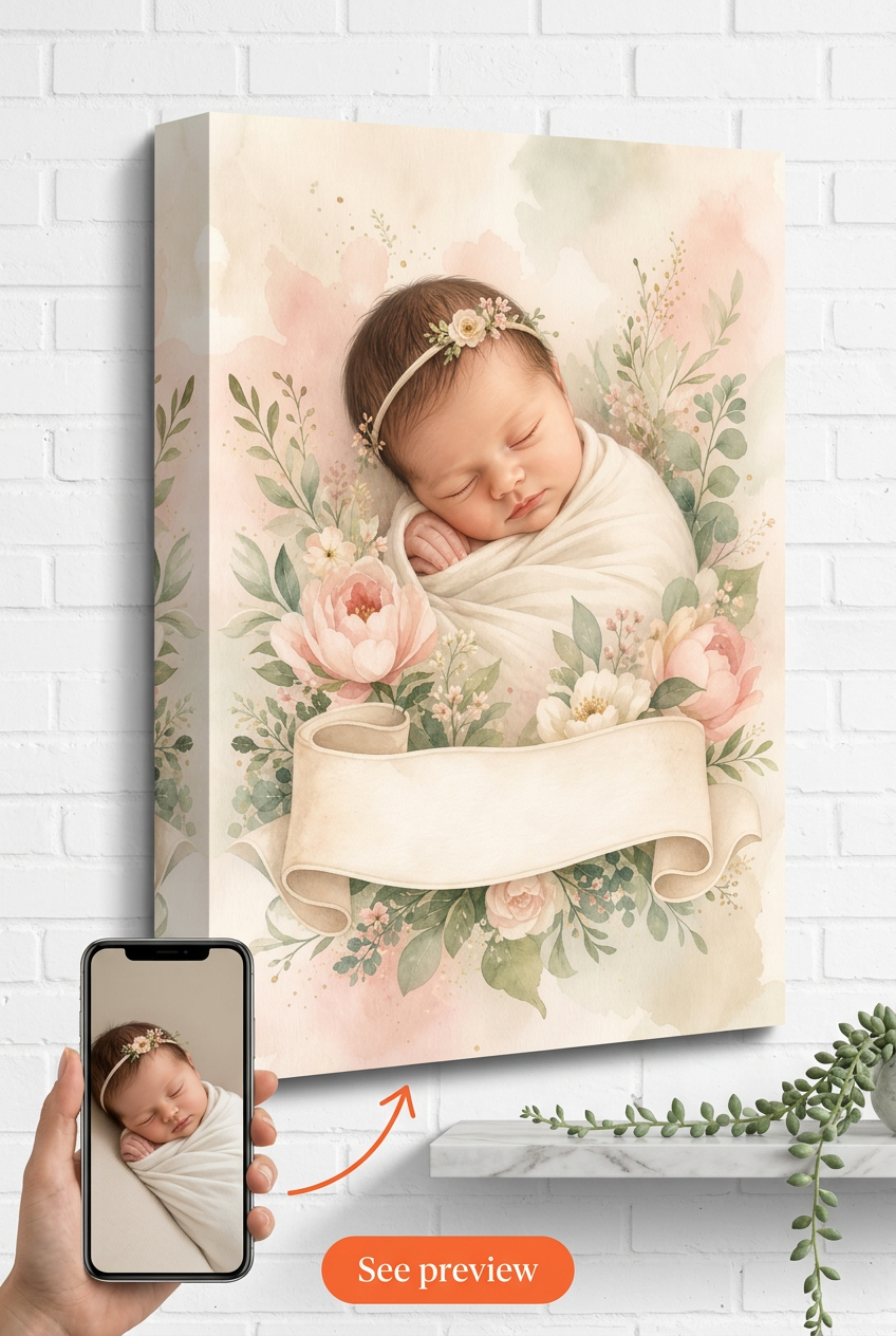 Custom Baby Mother-Child Portrait — Serene Girl with Flowers from Photo