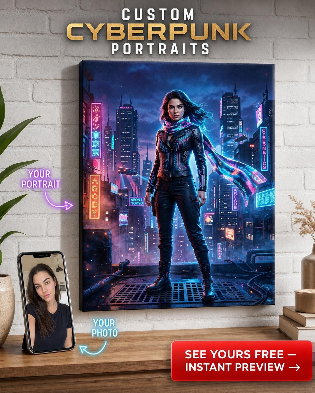 Custom Cyberpunk Man Portrait — Heroic Neon Canvas from Photo