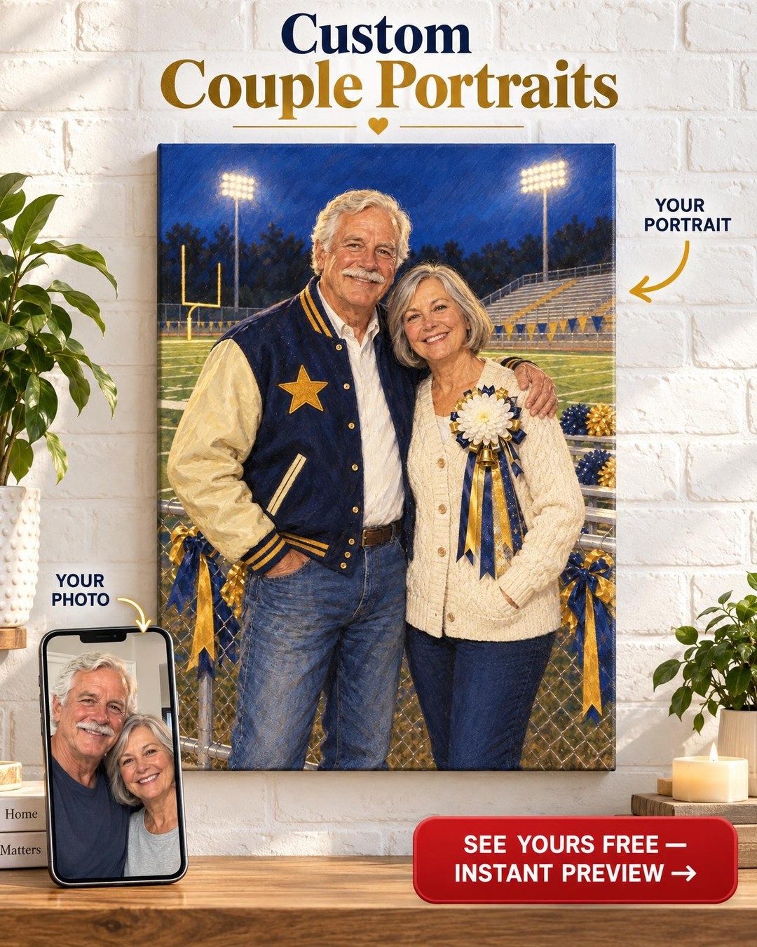 Homecoming Friday Night Couple Custom Portrait from Photo | Personalized Prom Portrait Gift