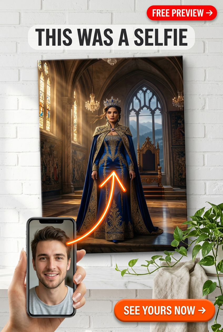 Custom Royal Man Portrait — Regal Woman in Crown & Castle Canvas