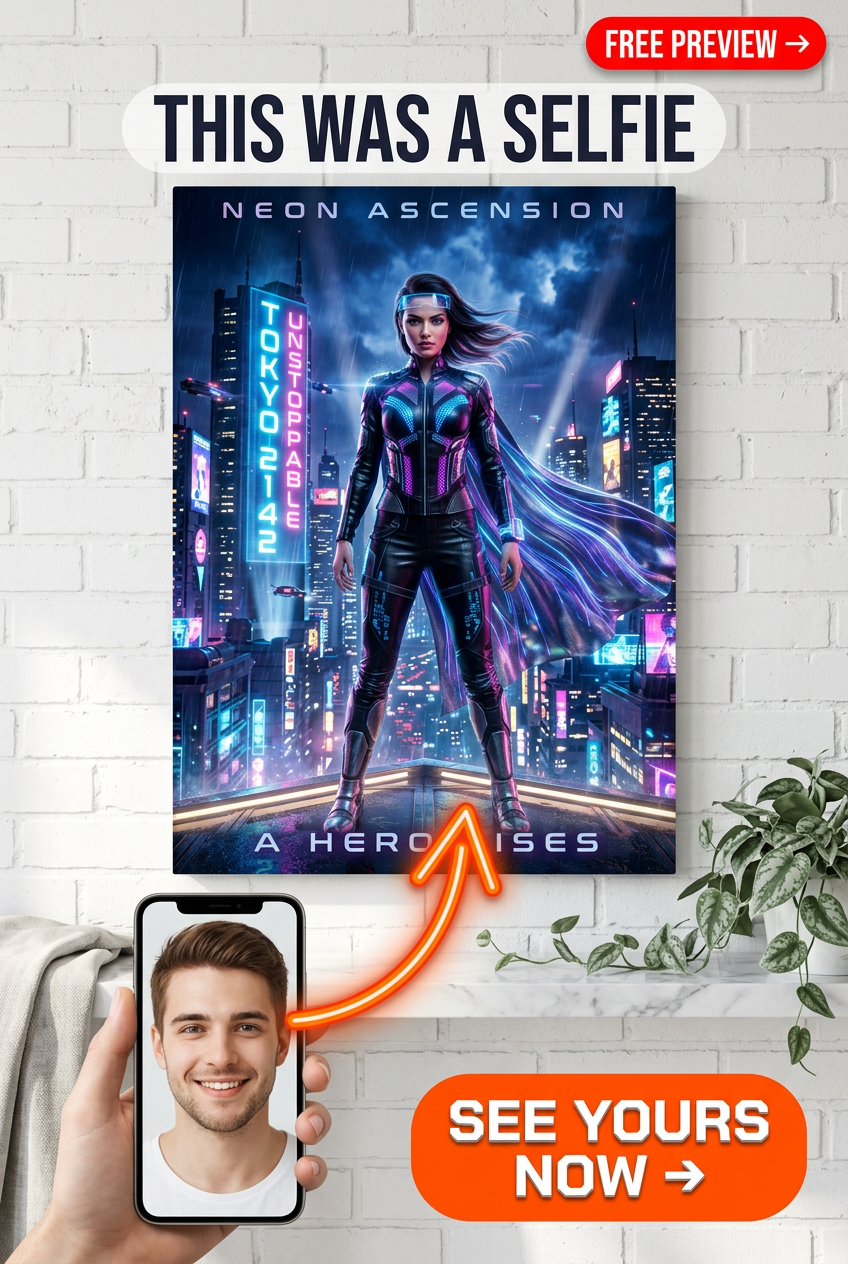 Custom Cyberpunk Man Portrait — Heroic Neon Canvas from Photo