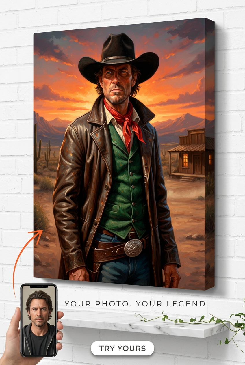 Custom Cowboy Man Portrait — Heroic Western Canvas from Photo