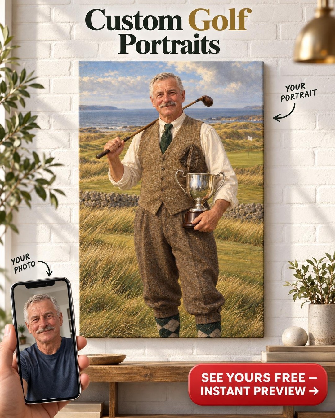 Classic Golf Champion Custom Portrait from Photo | Personalized Golf Portrait Gift